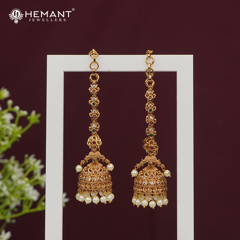 Antique-Finish Long Floral Earcuff with Jhumka Drops – 4045