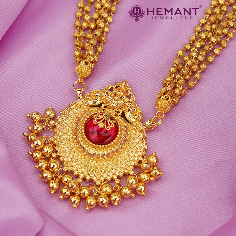 Traditional Maharashtrian Kolhapuri Micro Gold Plated Dot Mala 6 Line Saj Laxmi Pendal Short (with Earrings)