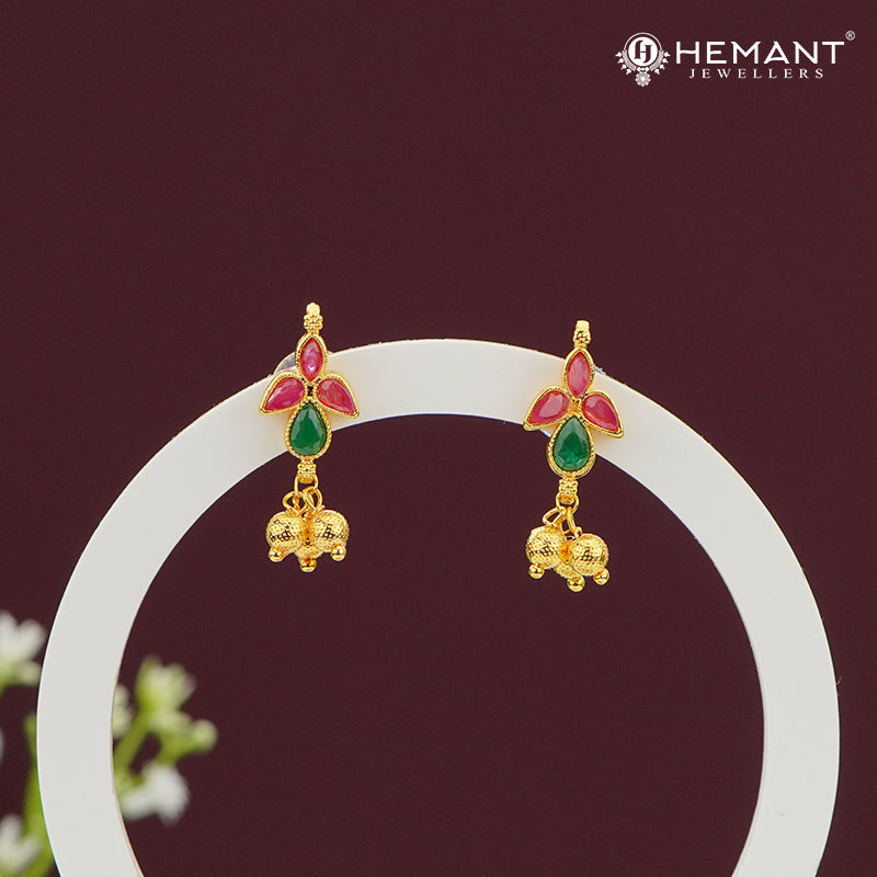 Tri-Petal Red & Green Stone Earrings with Ghungroo Drops – 4157