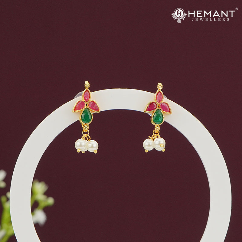 Tri-Petal Red & Green Stone Earrings with Pearl Drops – 4159
