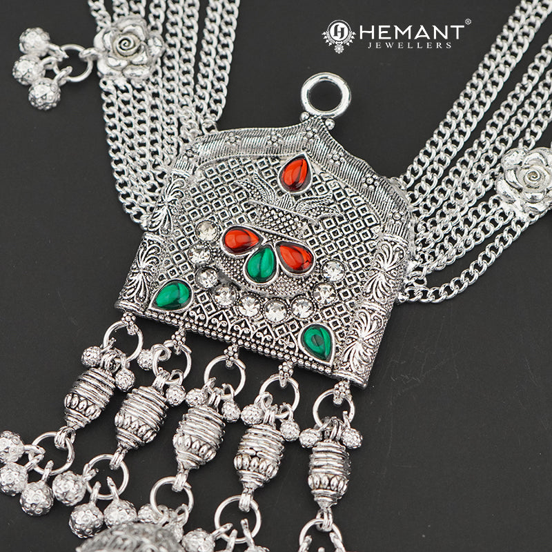 Traditional Oxidized Silver-Tone Floral Design Mekhala – Bridal Waist Ornament – 4188