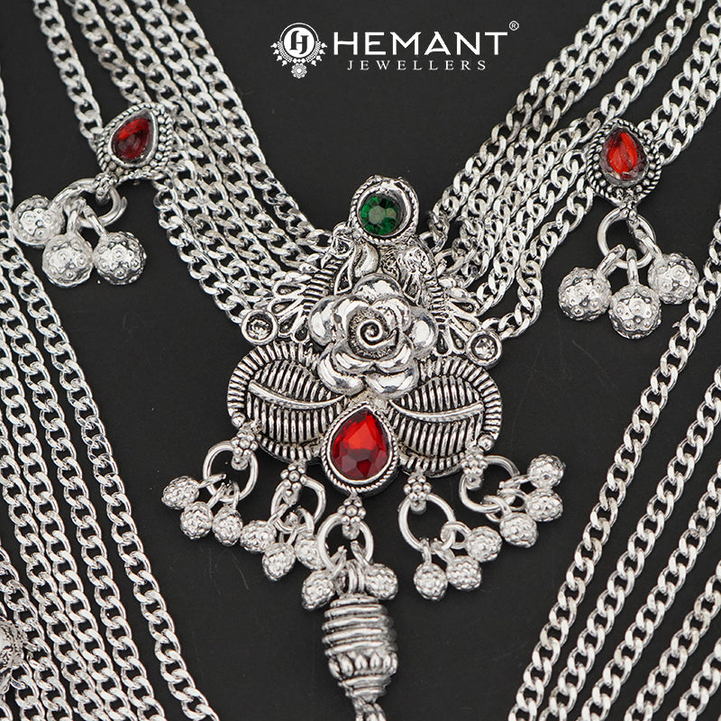 Traditional Oxidized Silver-Tone Floral Design Mekhala – Bridal Waist Ornament – 4189