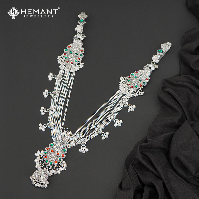 Traditional Oxidized Silver-Tone Peacock Design Mekhala – Bridal Waist Ornament – 4190