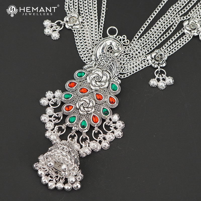 Traditional Oxidized Silver-Tone Peacock Design Mekhala – Bridal Waist Ornament – 4190
