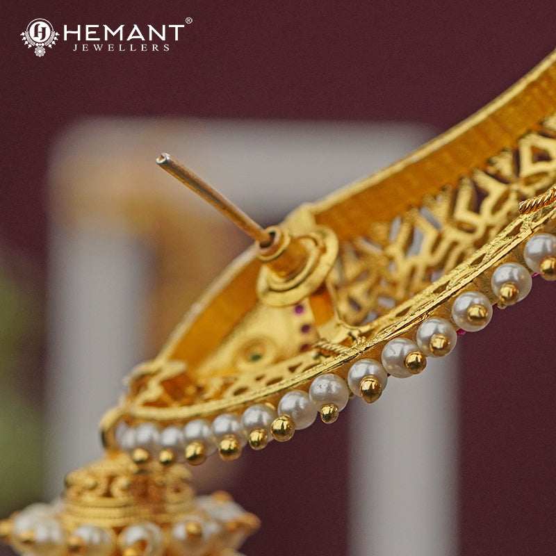Gold-Finish Floral Arc Earcuff (Kan) with Ruby & White Stone Detailing – 4234