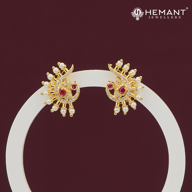 Traditional Peacock CZ Pearl Stud Earrings – 4261