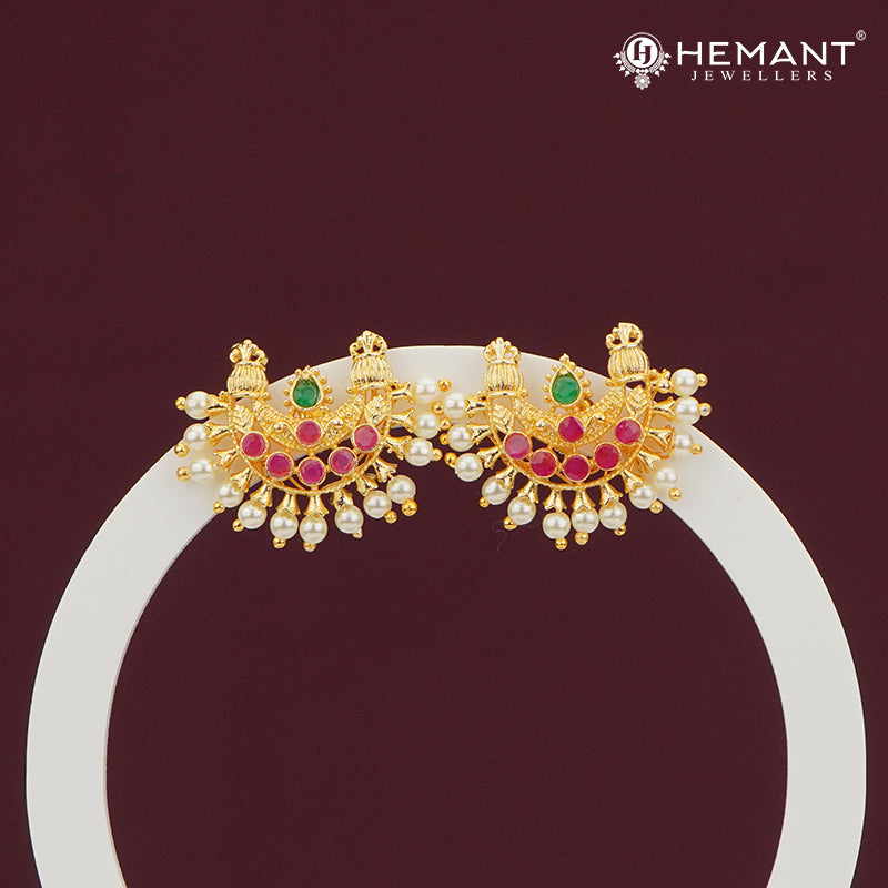 Temple-Style Half Moon Ruby Pearl Earrings – 4262