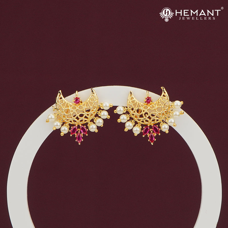 Crescent Pearl & Ruby Stud Earrings – 4265
