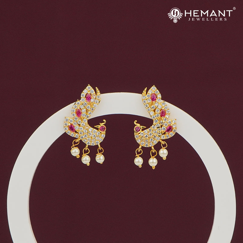 Peacock-Inspired CZ & Pearl Earrings – 4267