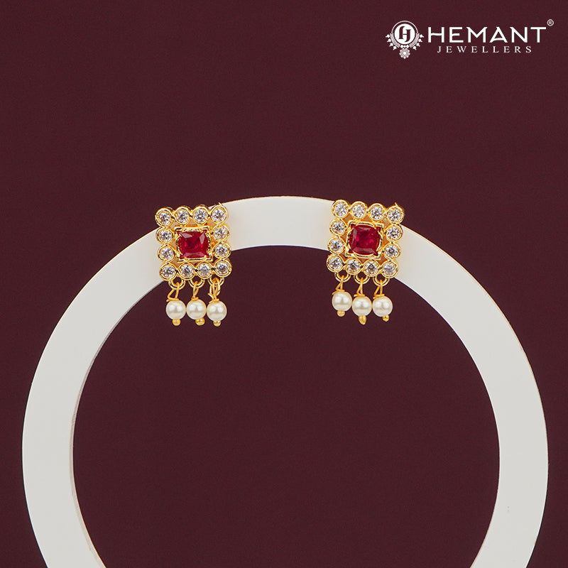 Square Ruby CZ Stud Earrings with Pearls – 4268