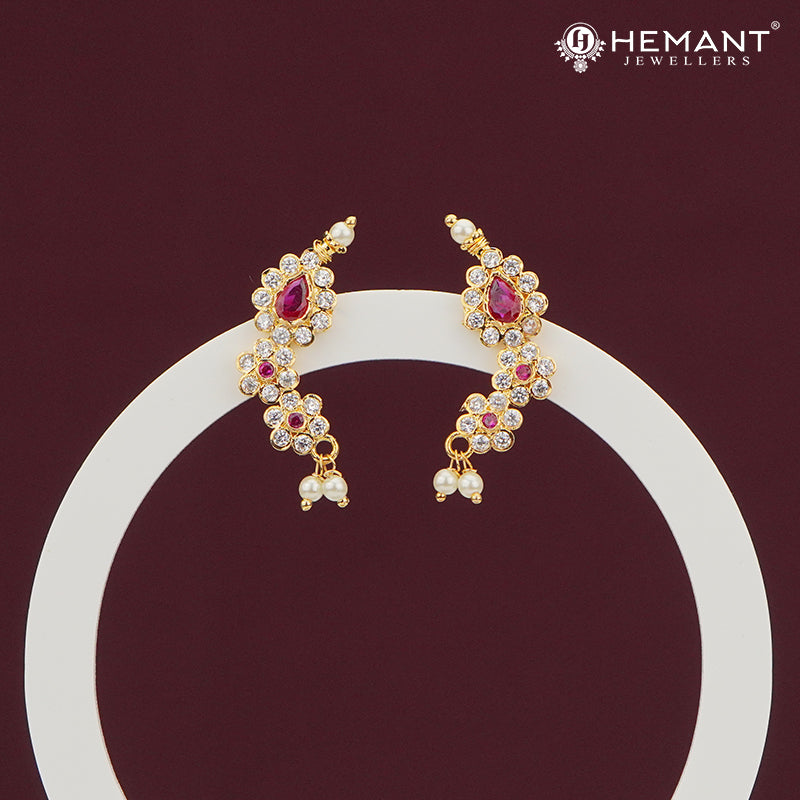 Sparkling Curved CZ Stud Earrings with Ruby Red Teardrop – 4270