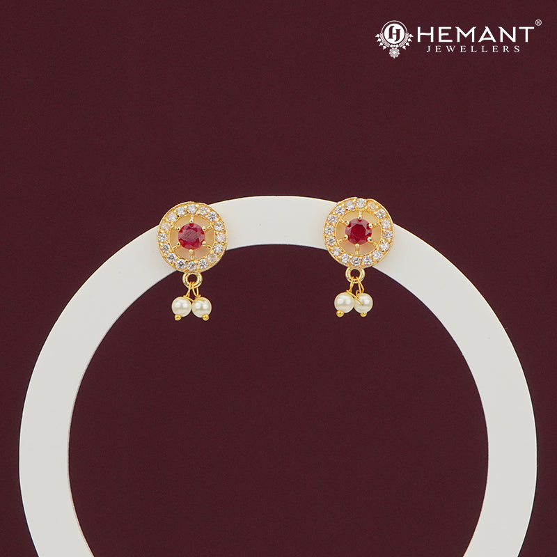 Round Ruby CZ Stud Earrings with Pearl Drops – 4271