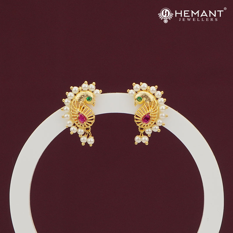 Pearl-Edged Peacock Stud Earrings with Ruby Center – 4276