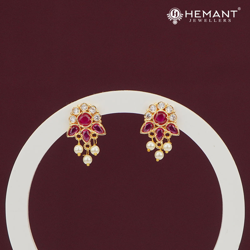 Floral Ruby Stone Stud Earrings with Pearl Drops – 4277