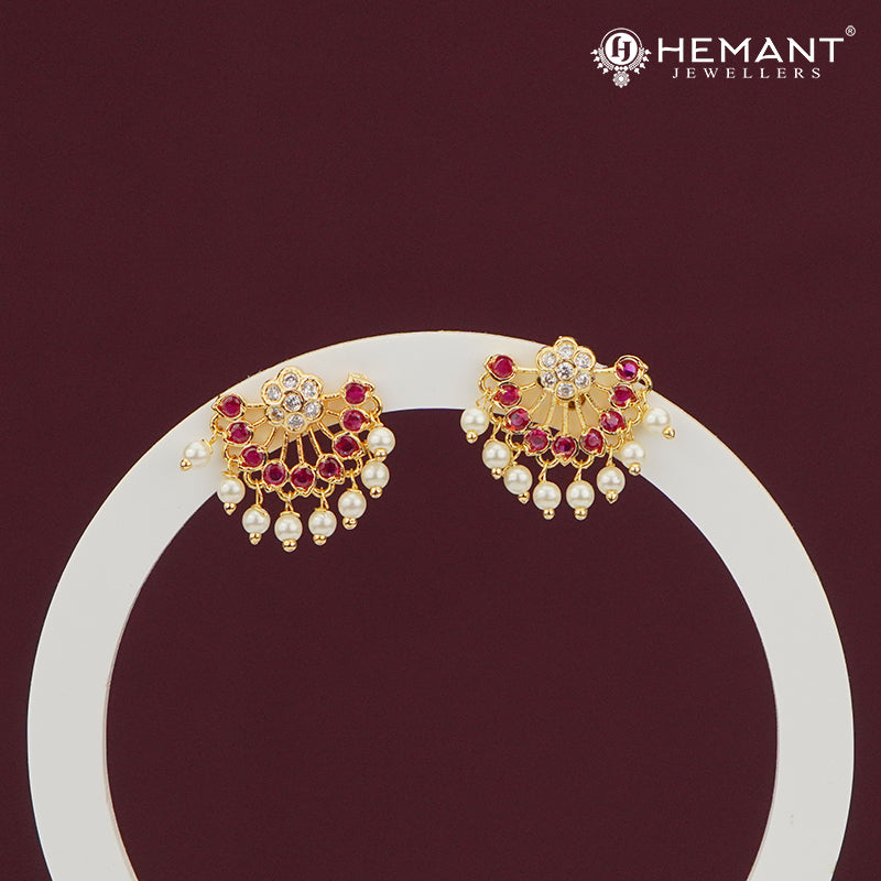 Half Fan Ruby Pearl Stud Earrings with Floral Top – 4278