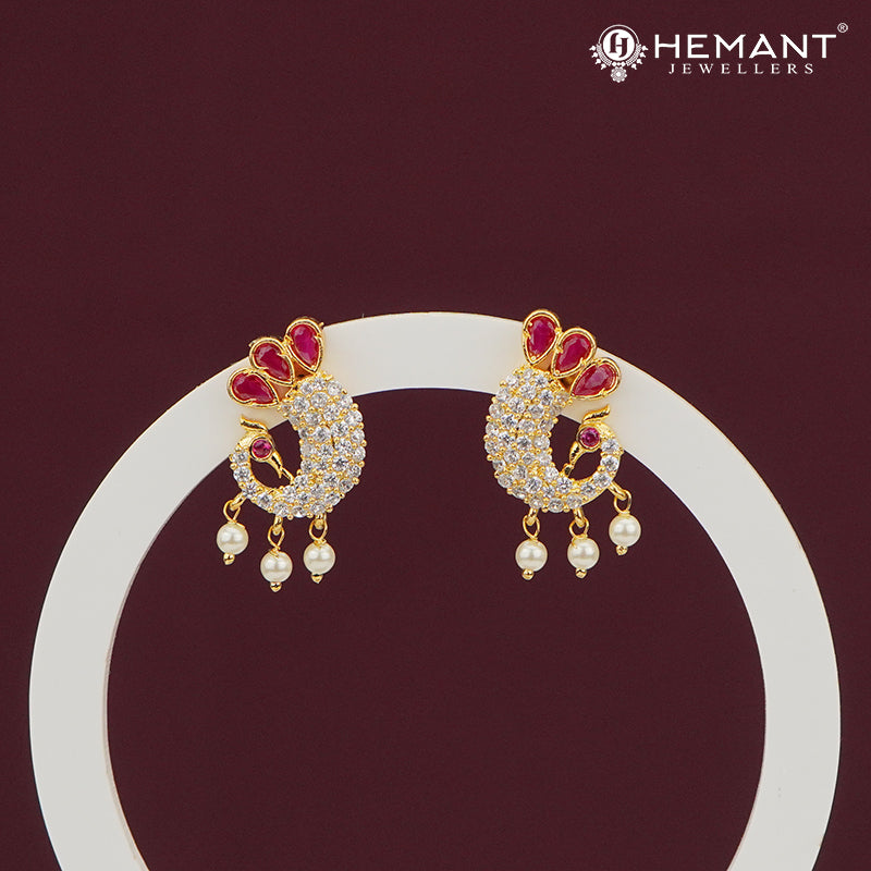 Peacock CZ Stud Earrings with Ruby Stone Crown – 4282