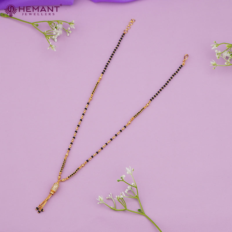 Delicate Gold-Tone Mangalsutra with CZ Pendant & Fine Black Bead Chain - 4295