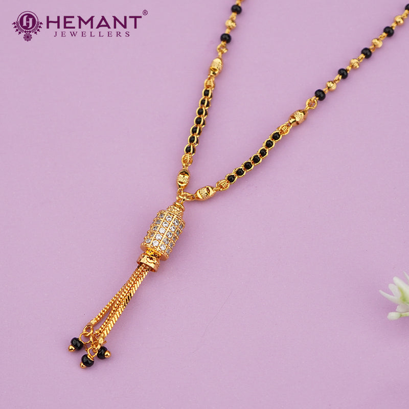 Delicate Gold-Tone Mangalsutra with CZ Pendant & Fine Black Bead Chain - 4295