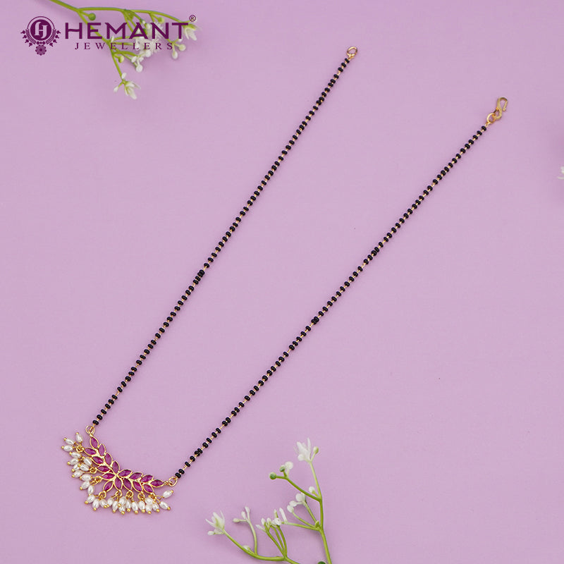 Dual-Strand Black Bead Mangalsutra with Leaf Motif Pink Enamel Pendant 4297-4405