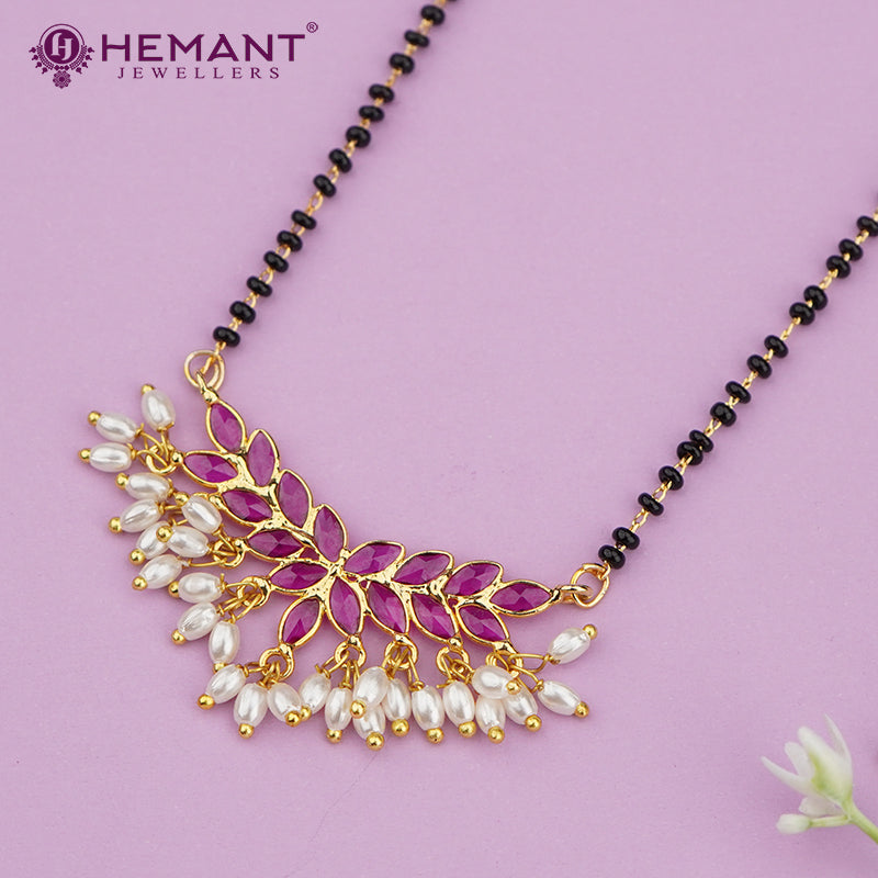 Dual-Strand Black Bead Mangalsutra with Leaf Motif Pink Enamel Pendant 4297-4405