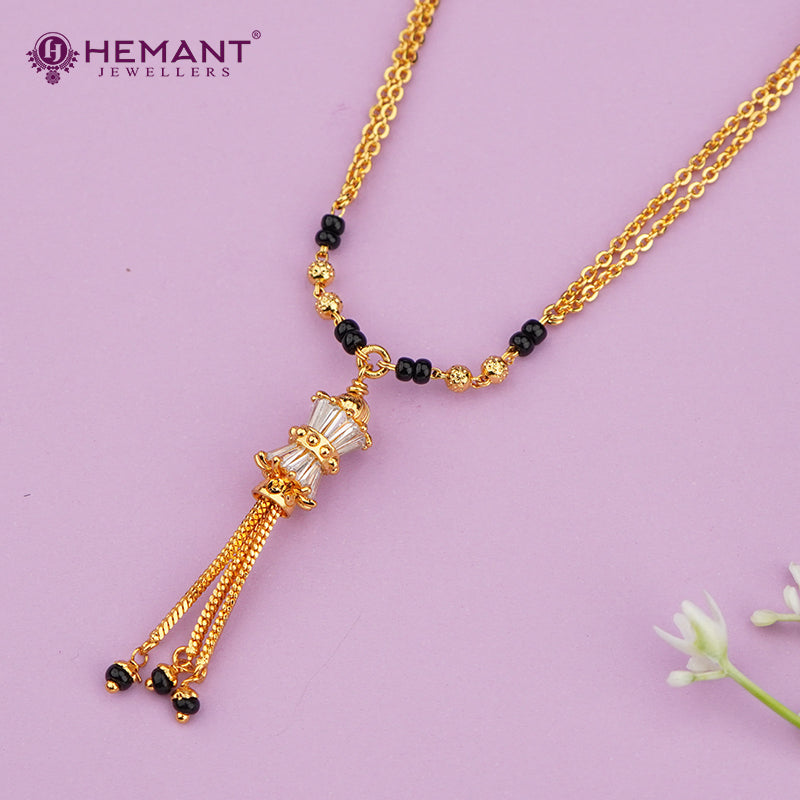 Gold-Plated Elegant Bead Mangalsutra with Layered Cylindrical Pendant – 4298