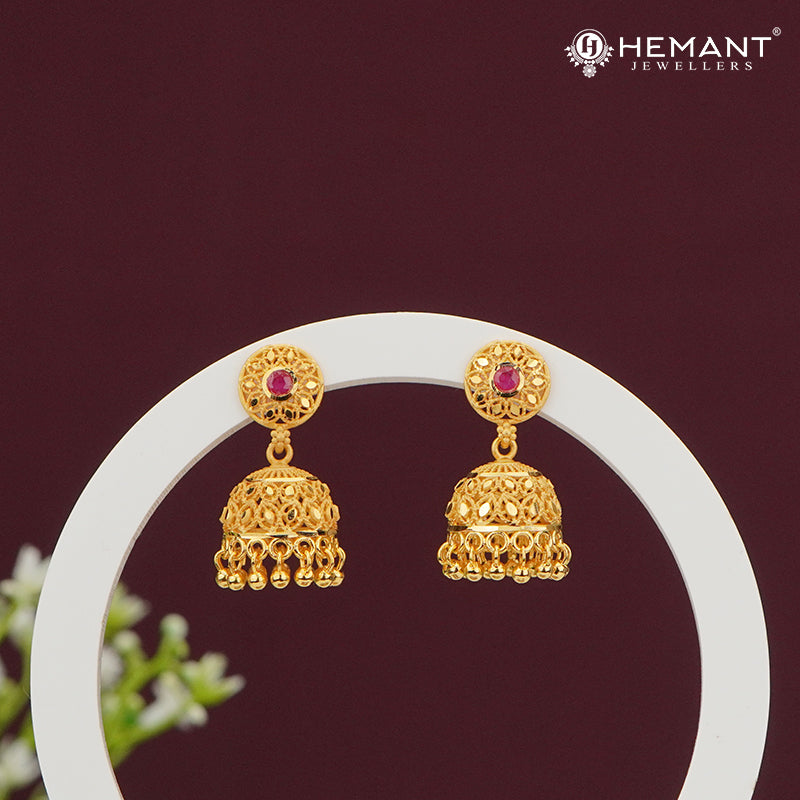 Forming Gold Jhumka Earrings with Red Stone Stud & Dome Detailing – 4303