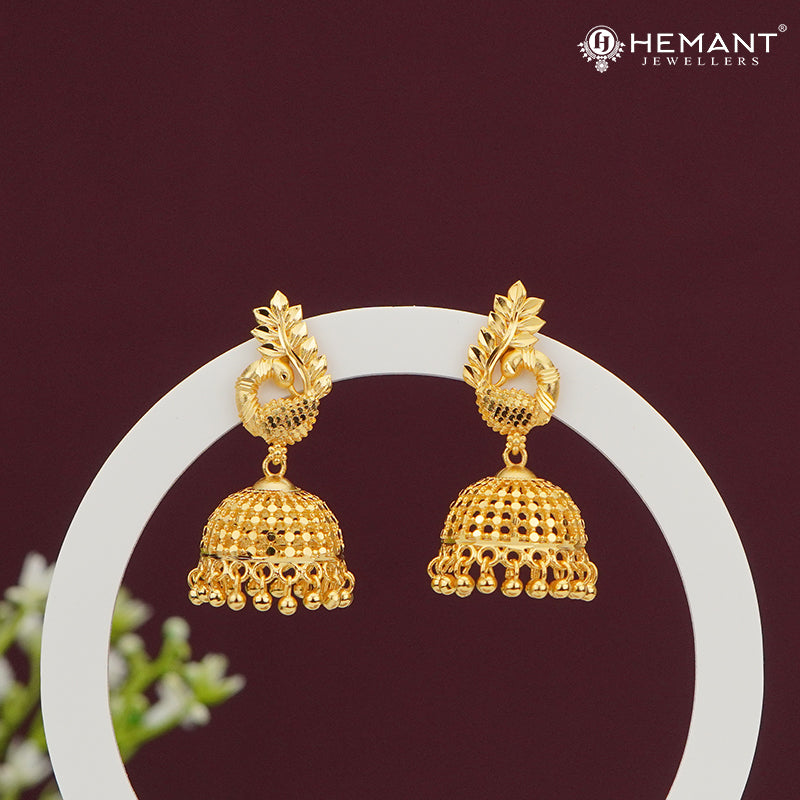Forming Gold Peacock Jhumka Earrings with Dome & Bead Drops – 4304