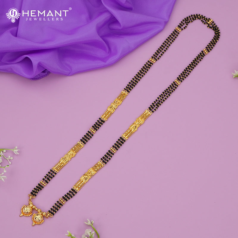 Micro Gold-Plated Multi-Strand Mangalsutra with Wati/Vati Pendant – Black & Gold Beaded Design - 4306
