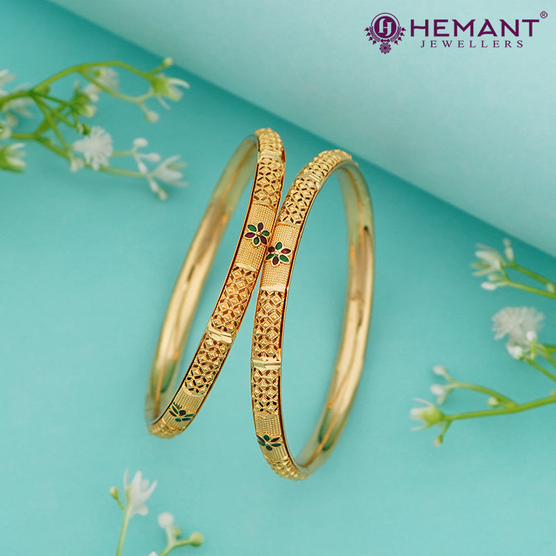 Gold-Finish Bangles with Floral Enamel & Textured Carving – 4351-53