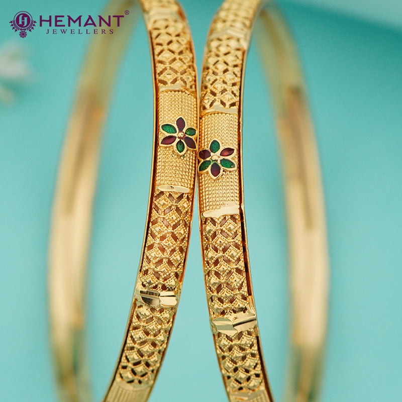Gold-Finish Bangles with Floral Enamel & Textured Carving – 4351-53