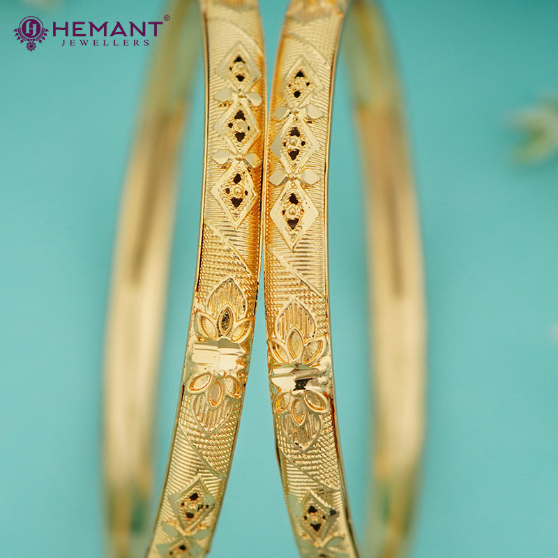 Micro Gold Plated Bangles with Diamond Motif & Floral Engraving – 4354-56
