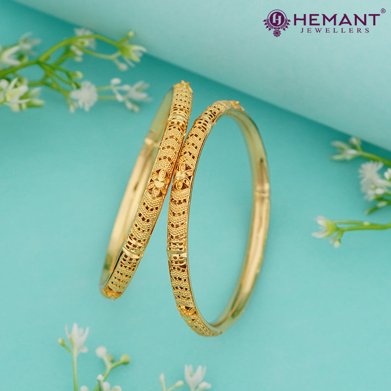 Micro Gold Plated Bangles with Cutwork Pattern & Floral Center – 4357-60