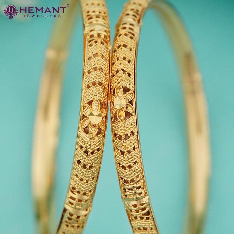 Micro Gold Plated Bangles with Cutwork Pattern & Floral Center – 4357-60