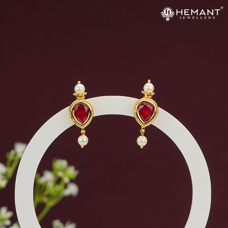 Teardrop Red Stone Stud Earrings with Pearl Drops – 4420