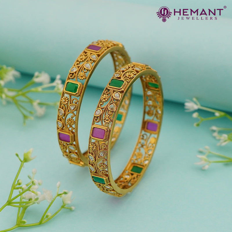 Antique Gold Bangles with Multicolor Stones & Filigree Detailing – 4446-48
