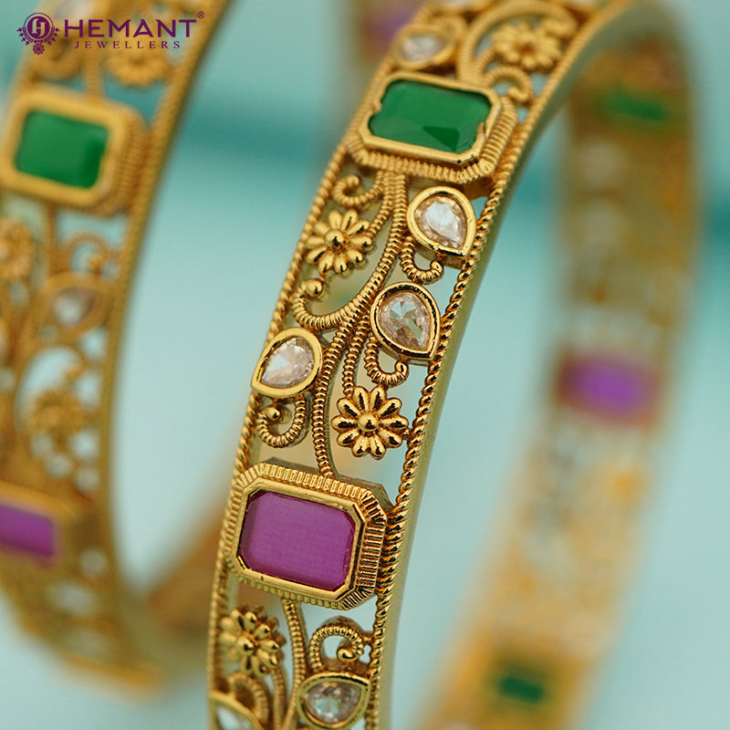 Antique Gold Bangles with Multicolor Stones & Filigree Detailing – 4446-48