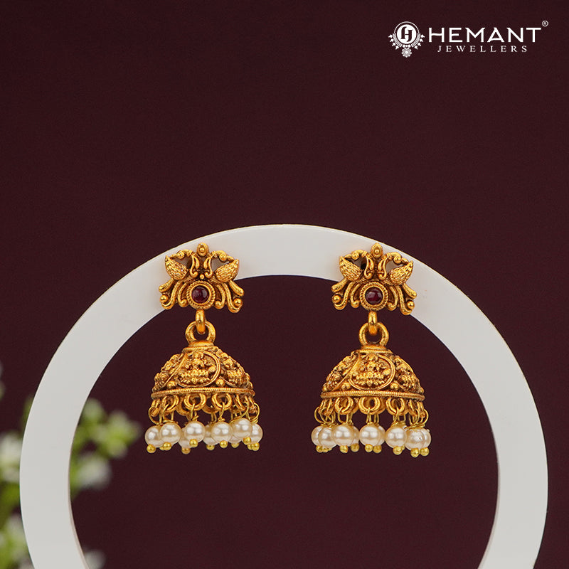 Antique Temple Jhumka with Pearl Drops – 4467