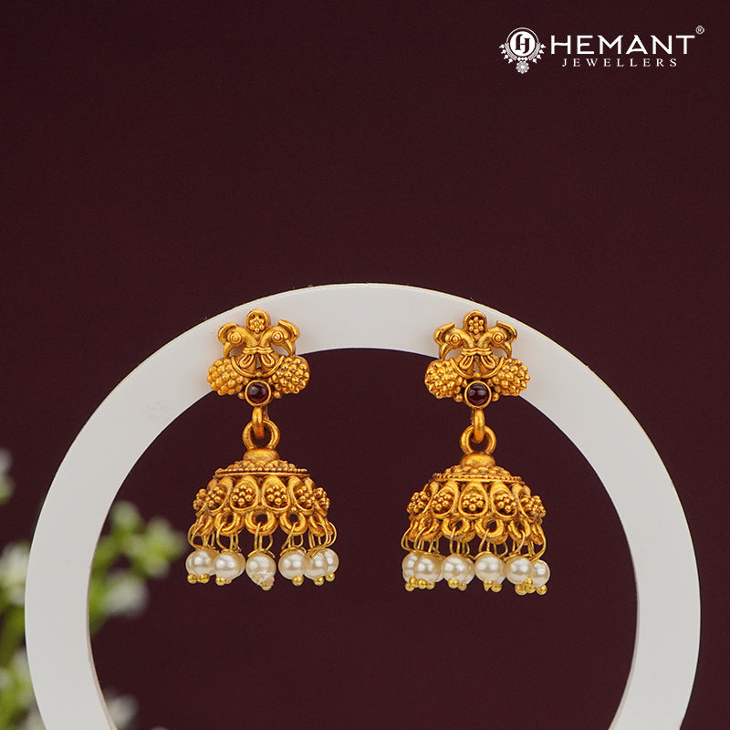 Antique Jhumka Earrings with Red Stone & Pearl Drops – 4468