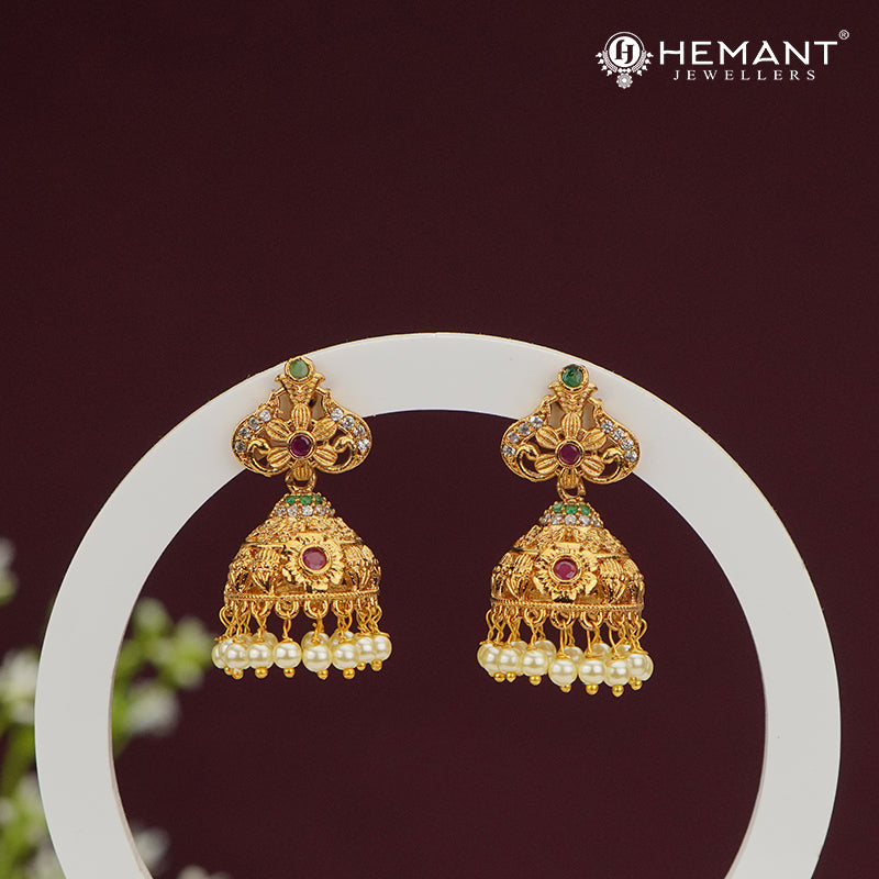 Temple-Style Antique Jhumka with Pearl & Stone Detailing – 4469