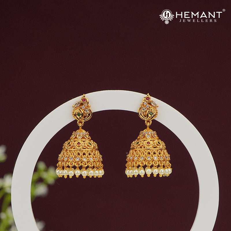 Grand Jhumka Earrings with Pearl Fringe & Stone Work – 4471