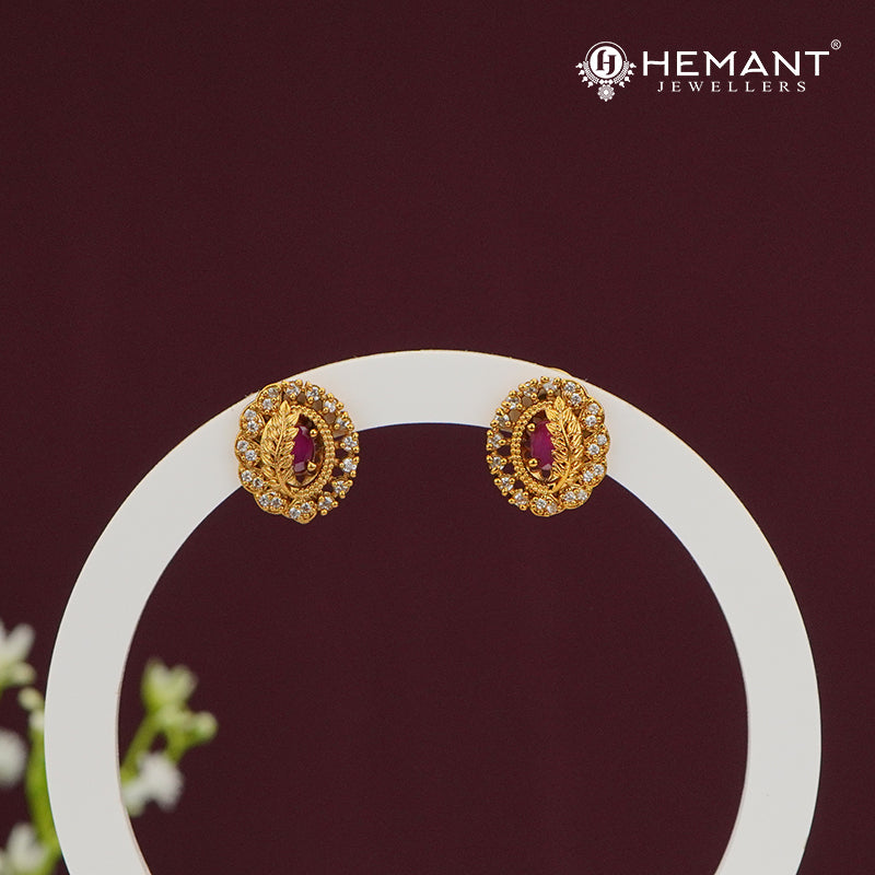 Classic Oval CZ Stud Earrings with Maroon Stone – 4515-16