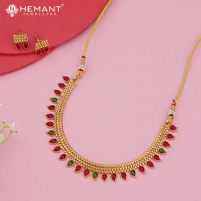Mesh-Pattern Gold Finish Necklace Set with Stone Drops 4558-61
