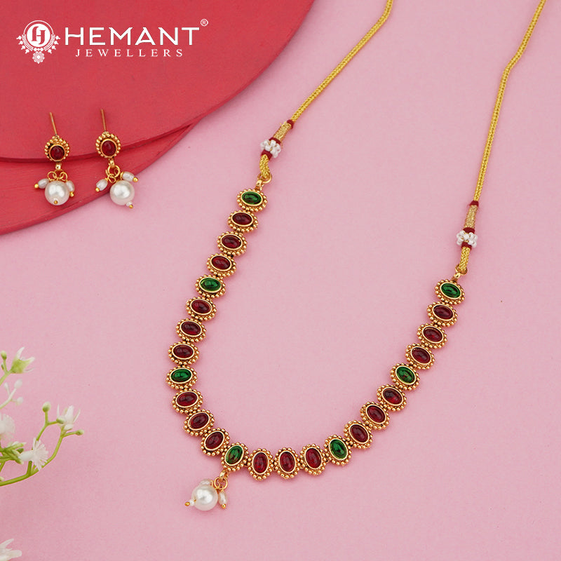 Oval Stone Linked Necklace Set with Pearl Drop 4566-67