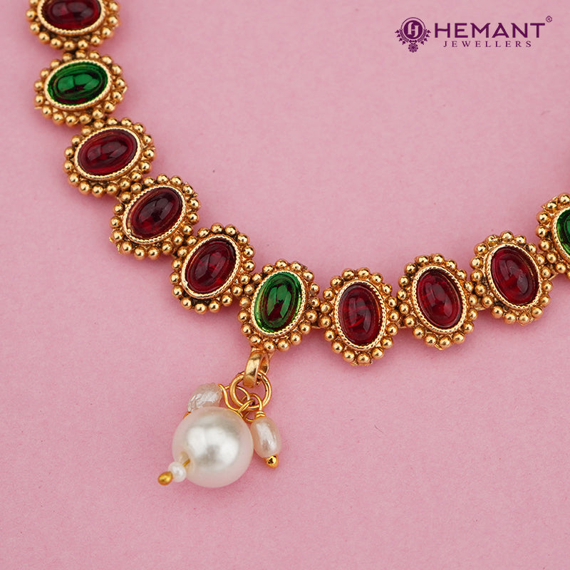 Oval Stone Linked Necklace Set with Pearl Drop 4566-67