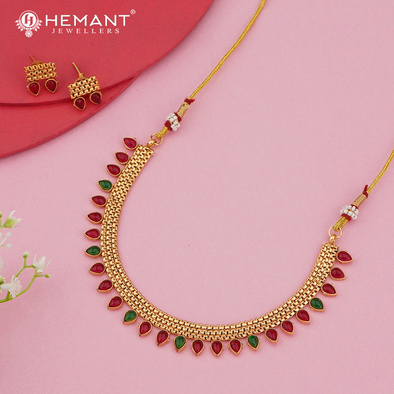 Mesh-Pattern Gold Finish Necklace Set with Stone Drops 4573-76