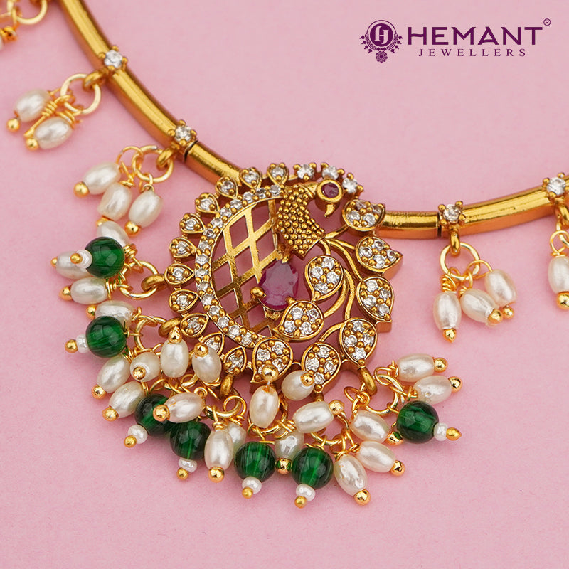 Antique Finished Peacock Pendant Necklace Set with Pearl & Green Bead Hangings – 4596-97