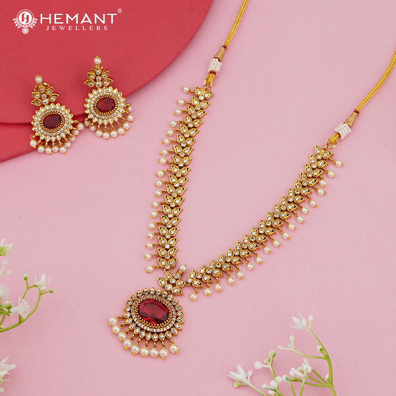 Antique Leaf Motif Necklace Set with Red Stone Pendant – 4599