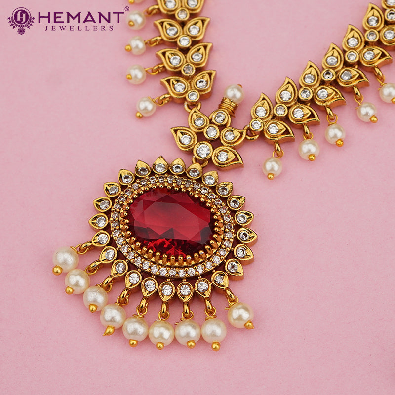 Antique Leaf Motif Necklace Set with Red Stone Pendant – 4599