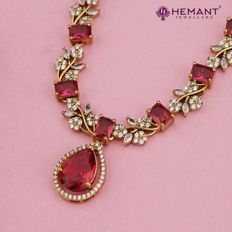 Elegant Ruby Stone Necklace Set with Crystal Leaf Detailing – 4601