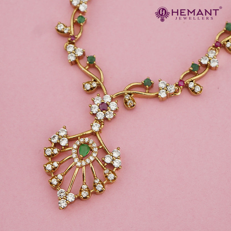 Antique-Finish Floral Diamond Necklace Set with Pendant Drop – 4602